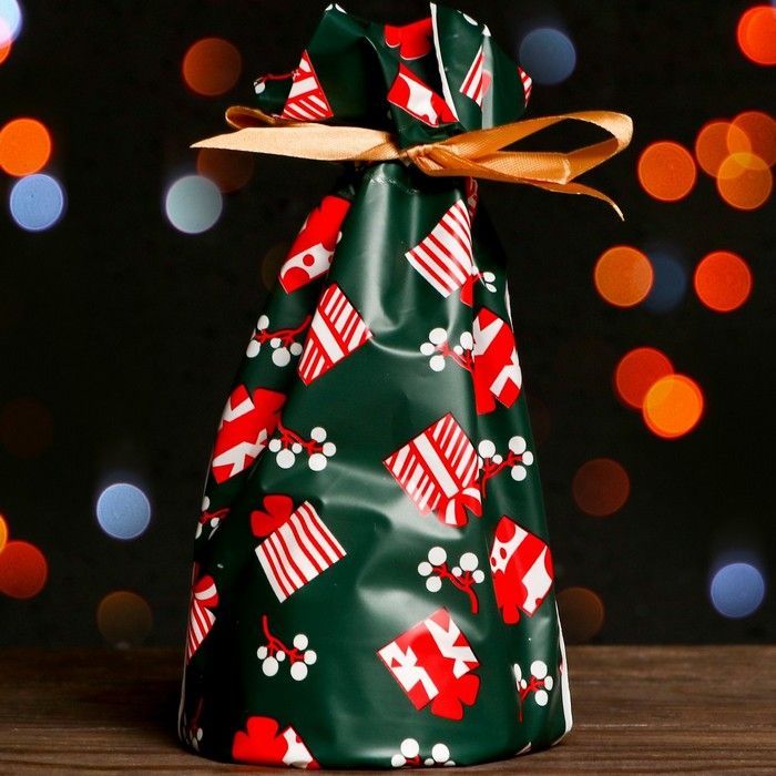 Пакет полиэтиленовый подарочный "Новогодние подарки", с завязками, 15х23см 1шт